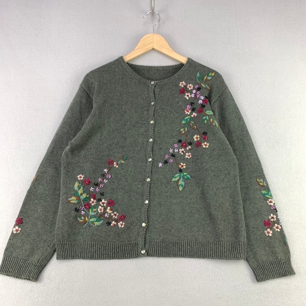 VTG Wool Cardigan Sweater Floral Embroidered Women XL Green Cottagecore Knit
